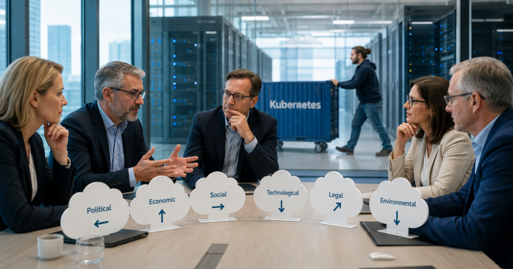 Five business professionals discussing EU sovereign cloud strategy around a conference table, with PESTLE framework cloud-shaped signs and a Kubernetes-labeled shipping container visible in a server room background
